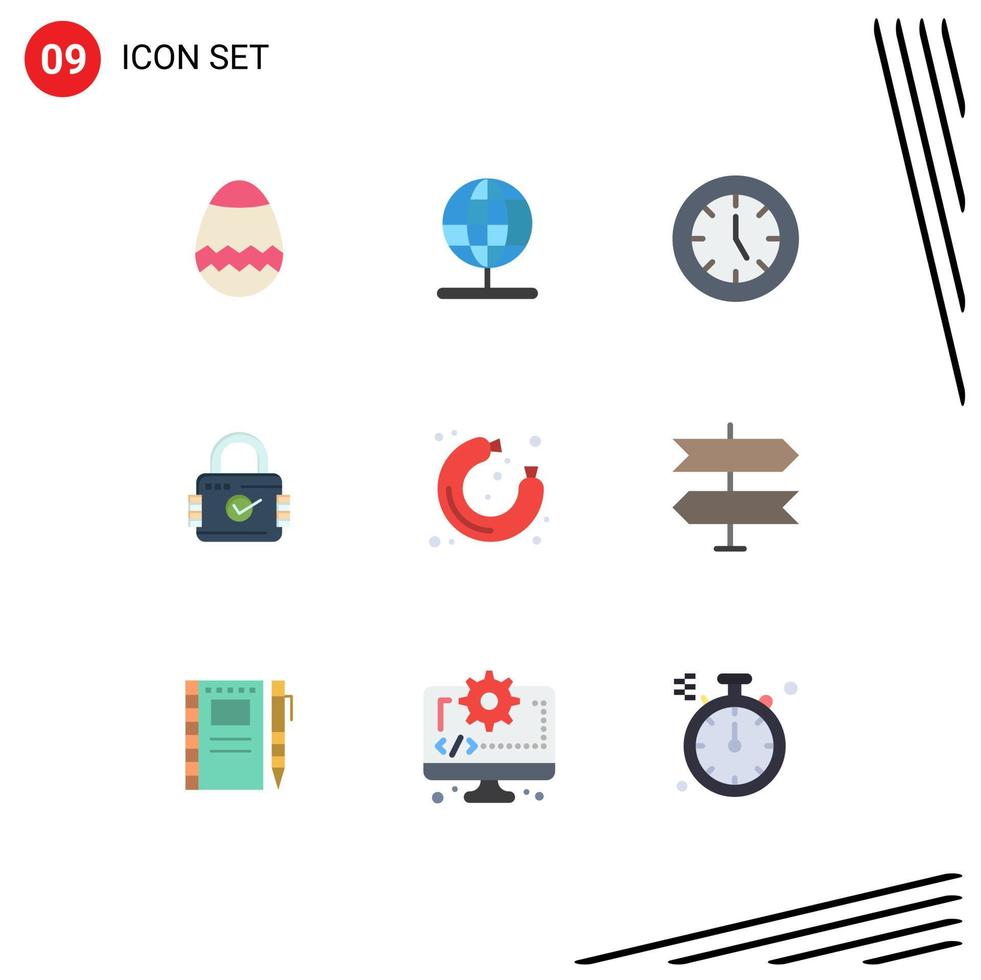 Mobile Interface Flat Color Set of 9 Pictograms of sausage secure devices security lock Editable Vector Design Elements
