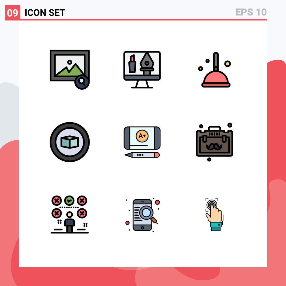 9 User Interface Filledline Flat Color Pack of modern Signs and Symbols of briefcase achieve cleaning best grade cube Editable Vector Design Elements