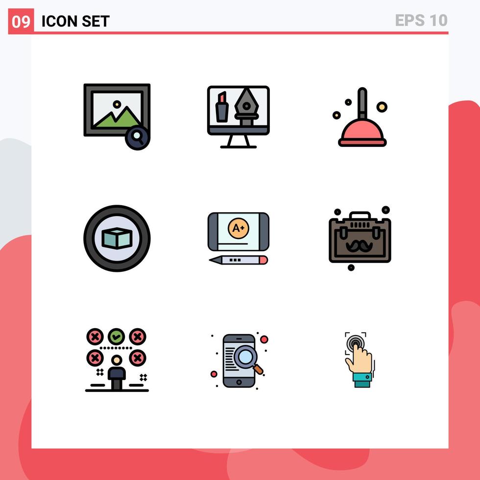 9 paquete de color plano de línea de relleno de interfaz de usuario de signos y símbolos modernos de maletín lograr la limpieza de elementos de diseño de vector editables de cubo de mejor grado
