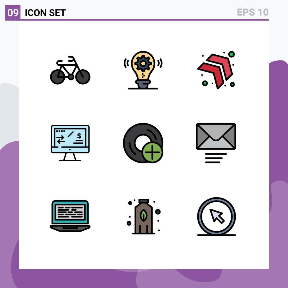 paquete de línea de vector editable de 9 colores planos de línea de llenado simple de computadoras de disco para agregar elementos de diseño de vector editable de ingresos