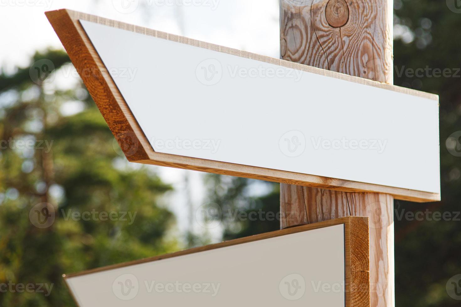 Wooden signpost with blank arrows pointing in different directions. photo