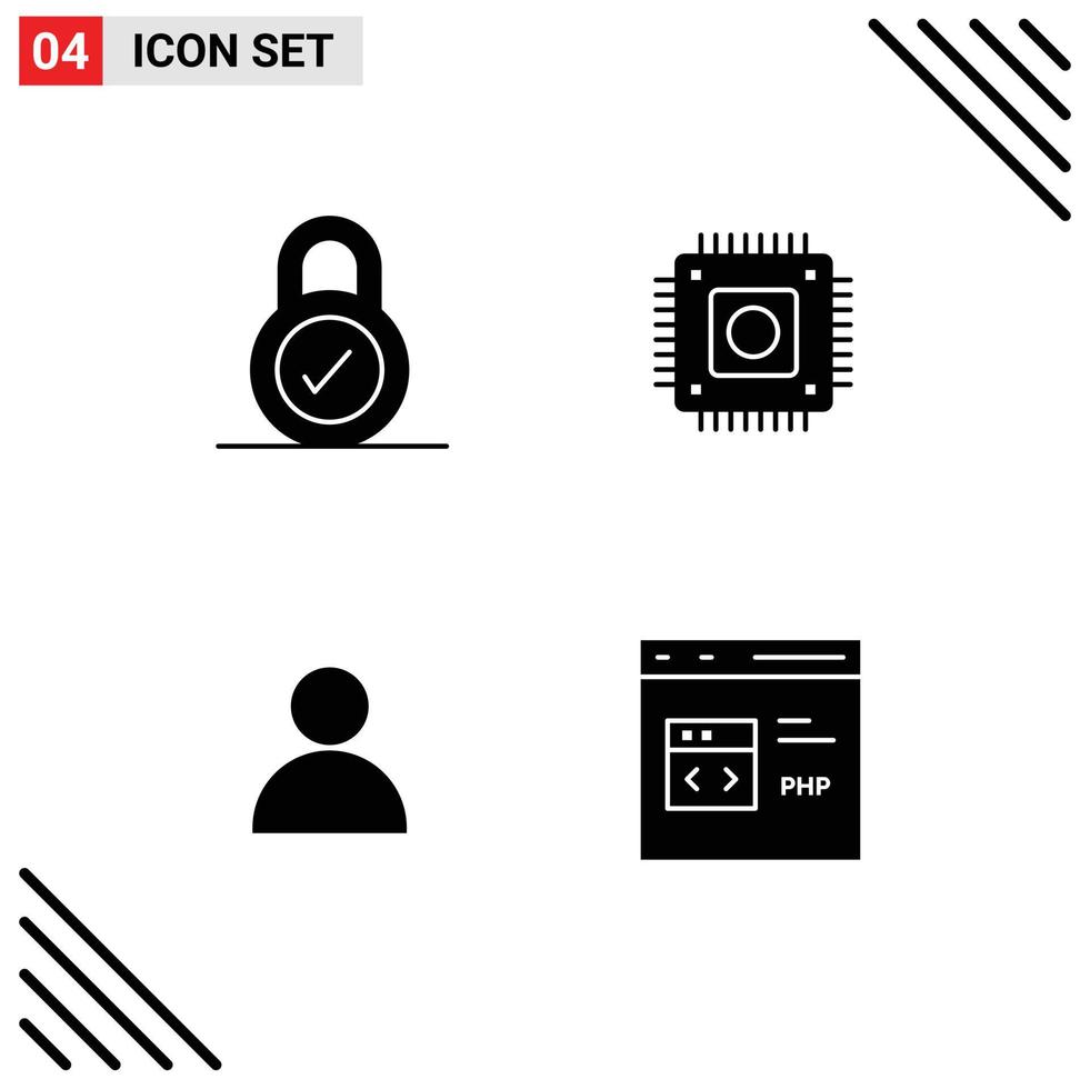 Pack of 4 Modern Solid Glyphs Signs and Symbols for Web Print Media such as lock twitter chip computer coding Editable Vector Design Elements