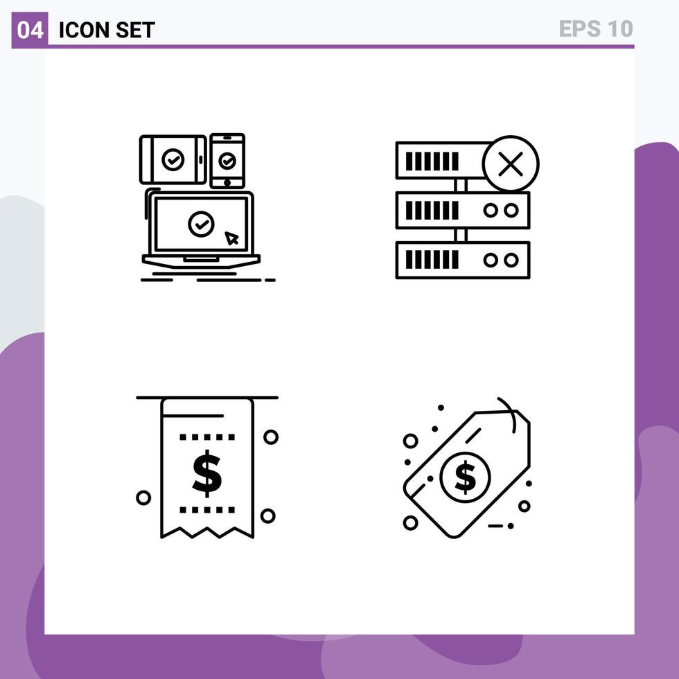 Group of 4 Modern Filledline Flat Colors Set for computer currency responsive delete money Editable Vector Design Elements