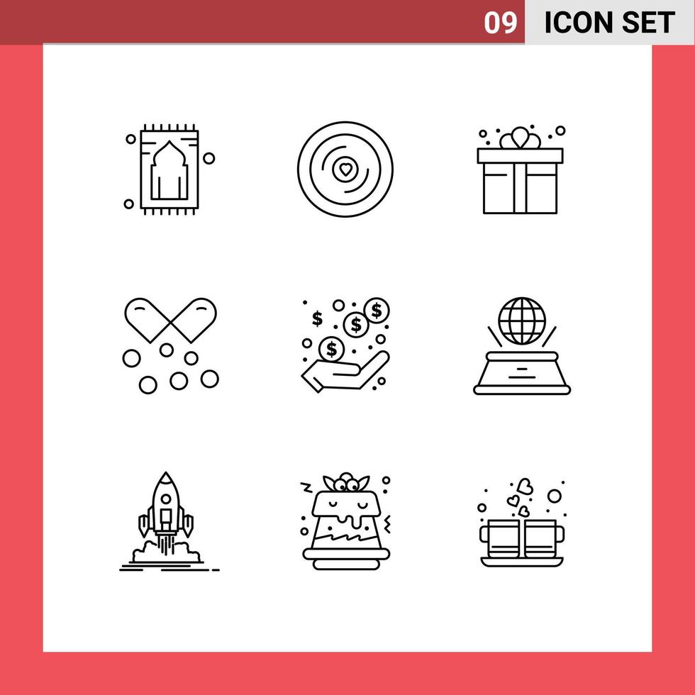 9 User Interface Outline Pack of modern Signs and Symbols of omega pills omega wedding nutrients capsules shopping Editable Vector Design Elements