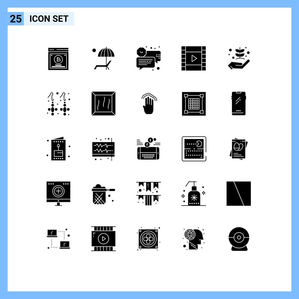 25 Universal Solid Glyph Signs Symbols of agriculture media summer film message Editable Vector Design Elements