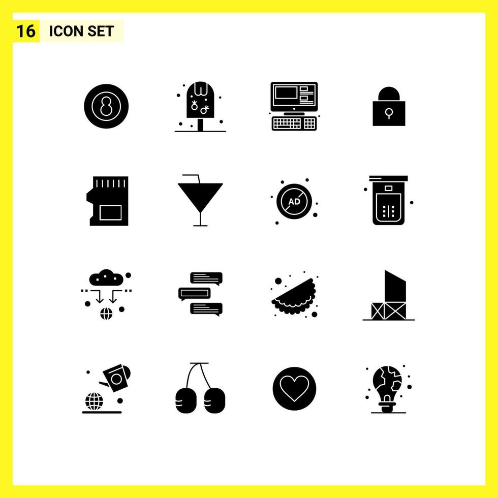 Pack of 16 creative Solid Glyphs of sd locked food lock education Editable Vector Design Elements