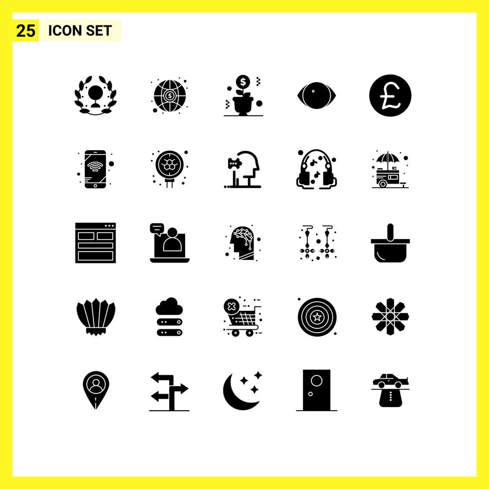Modern Set of 25 Solid Glyphs Pictograph of coin vision money human eye Editable Vector Design Elements