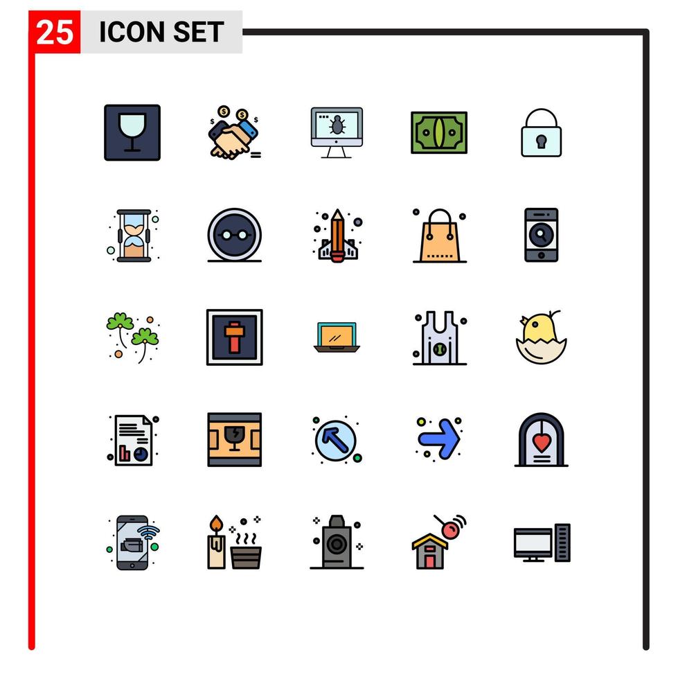 25 Universal Filled line Flat Colors Set for Web and Mobile Applications security money monitor finance business Editable Vector Design Elements