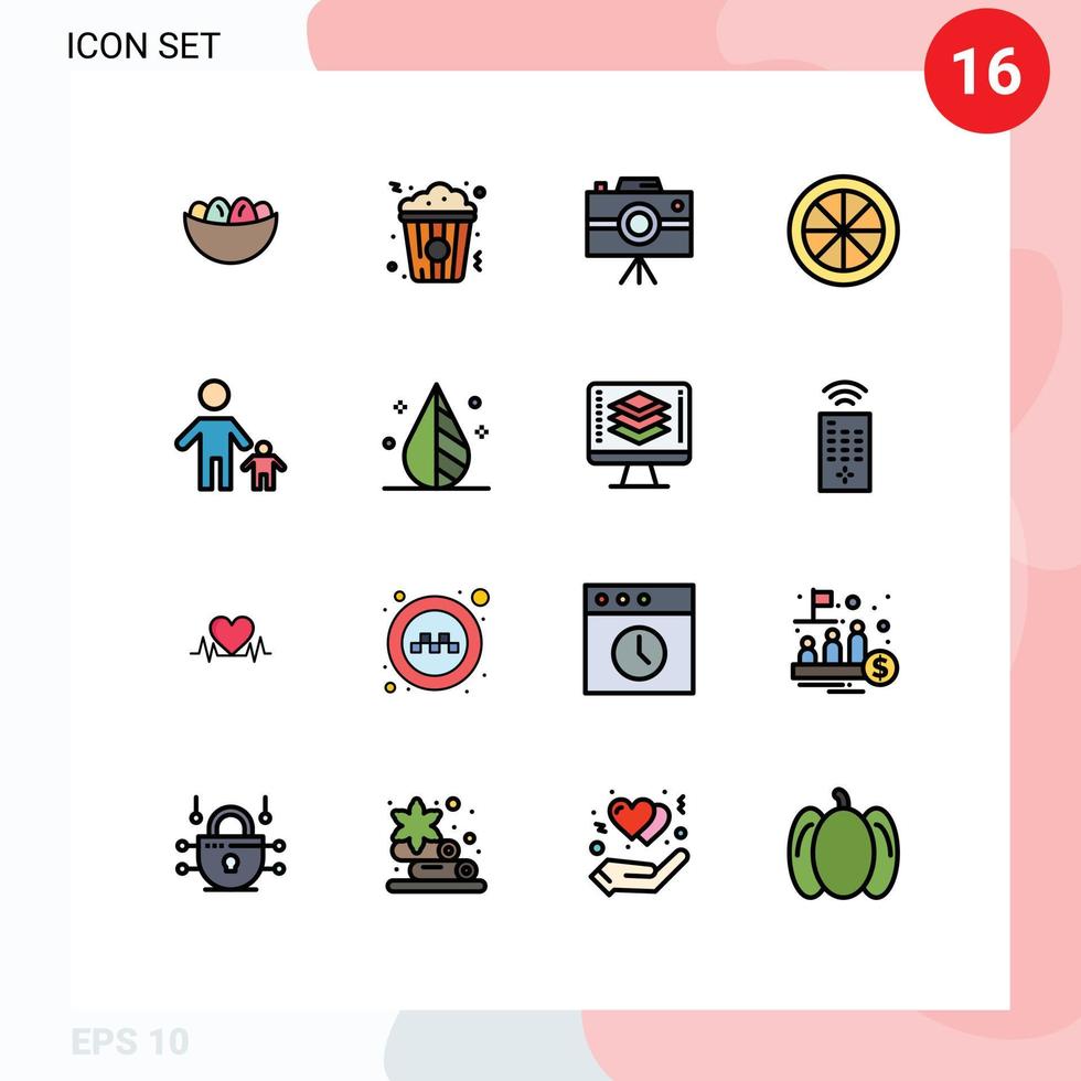16 Universal Flat Color Filled Lines Set for Web and Mobile Applications child lemon food fruit professional camera Editable Creative Vector Design Elements