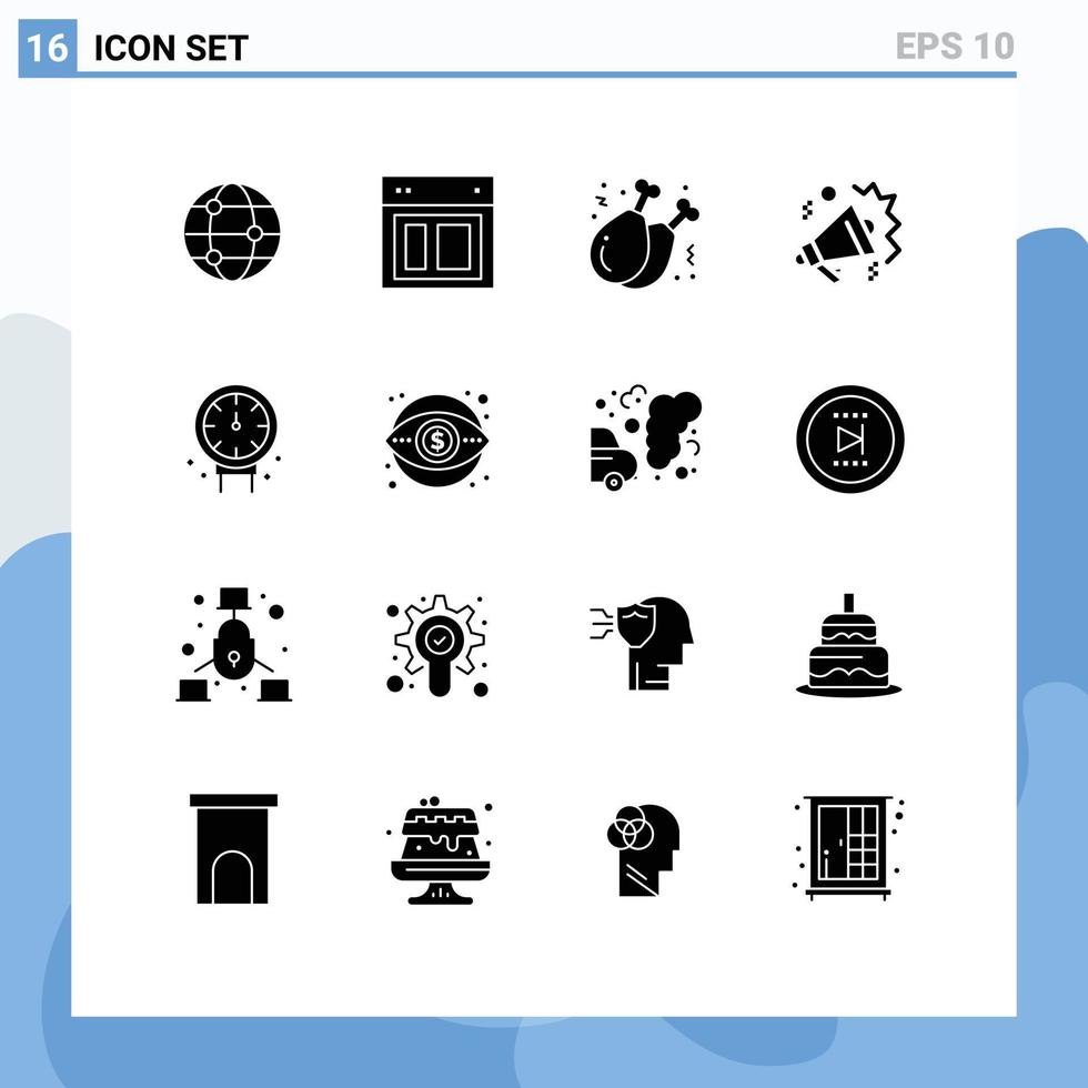 Pack of 16 Modern Solid Glyphs Signs and Symbols for Web Print Media such as mechanical speaker chicken leg sound mike Editable Vector Design Elements