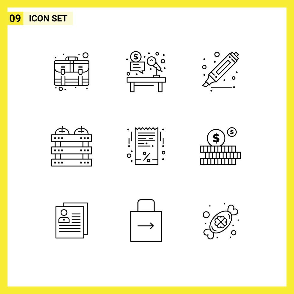 Stock Vector Icon Pack of 9 Line Signs and Symbols for holiday dinner hammer crate marker Editable Vector Design Elements