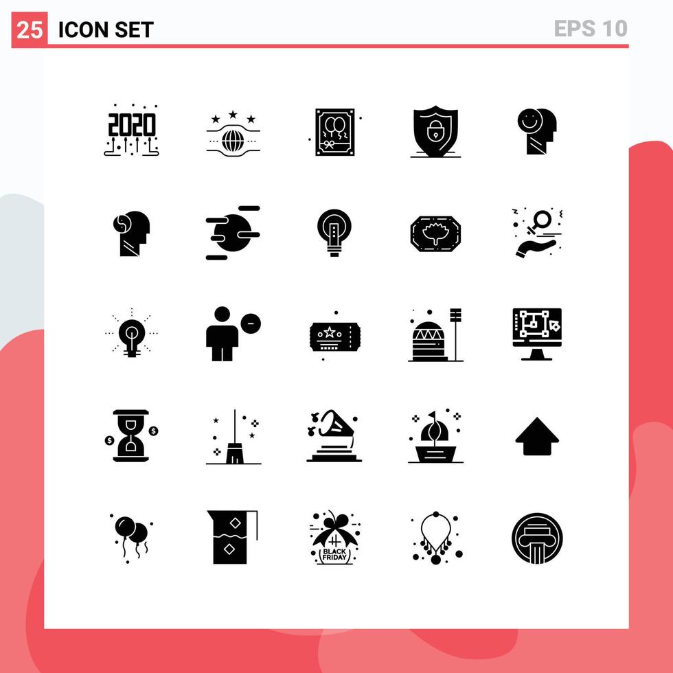 25 Solid Glyph concept for Websites Mobile and Apps human happiness balloon security shield Editable Vector Design Elements