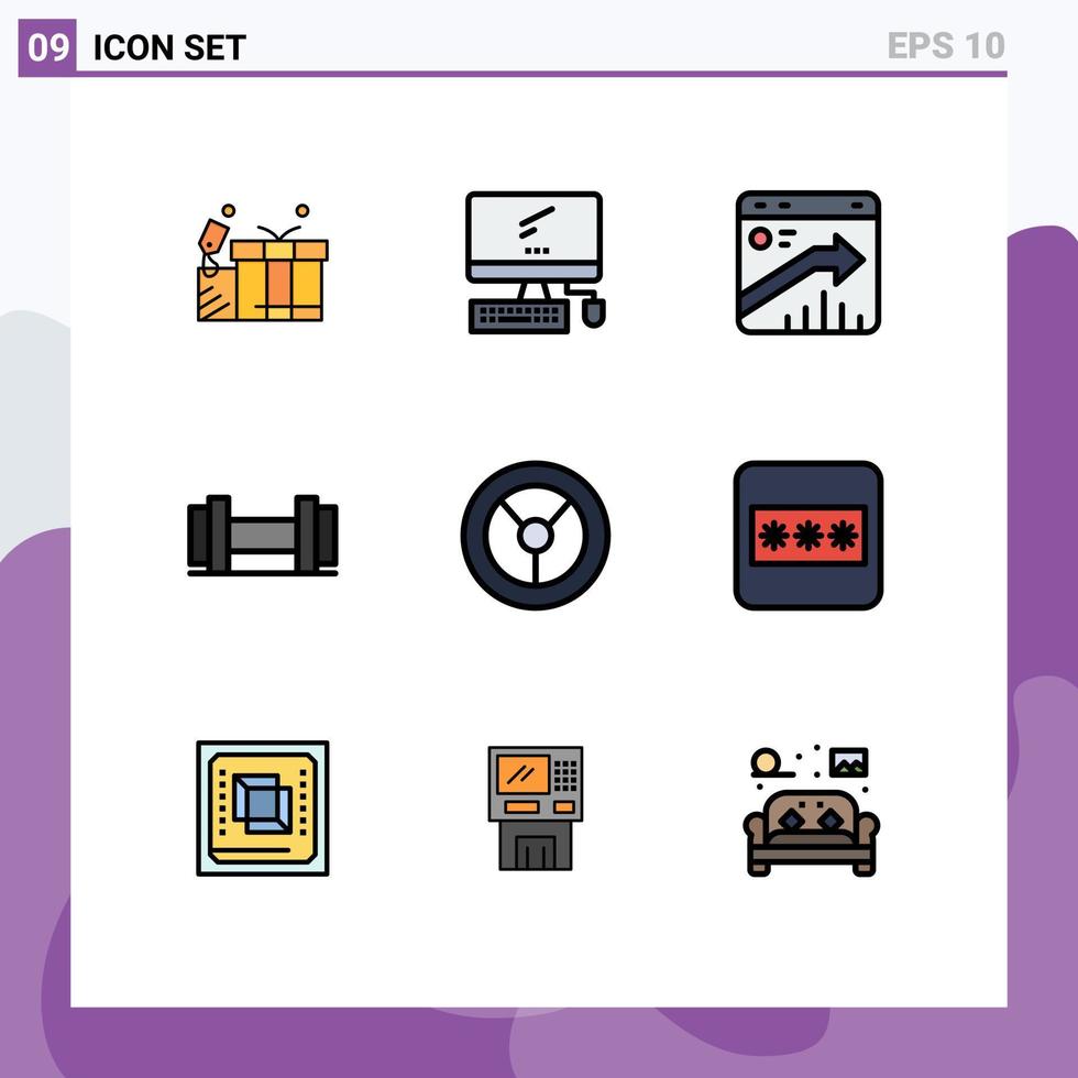 Modern Set of 9 Filledline Flat Colors Pictograph of mechanics tools pc dumbbells report Editable Vector Design Elements