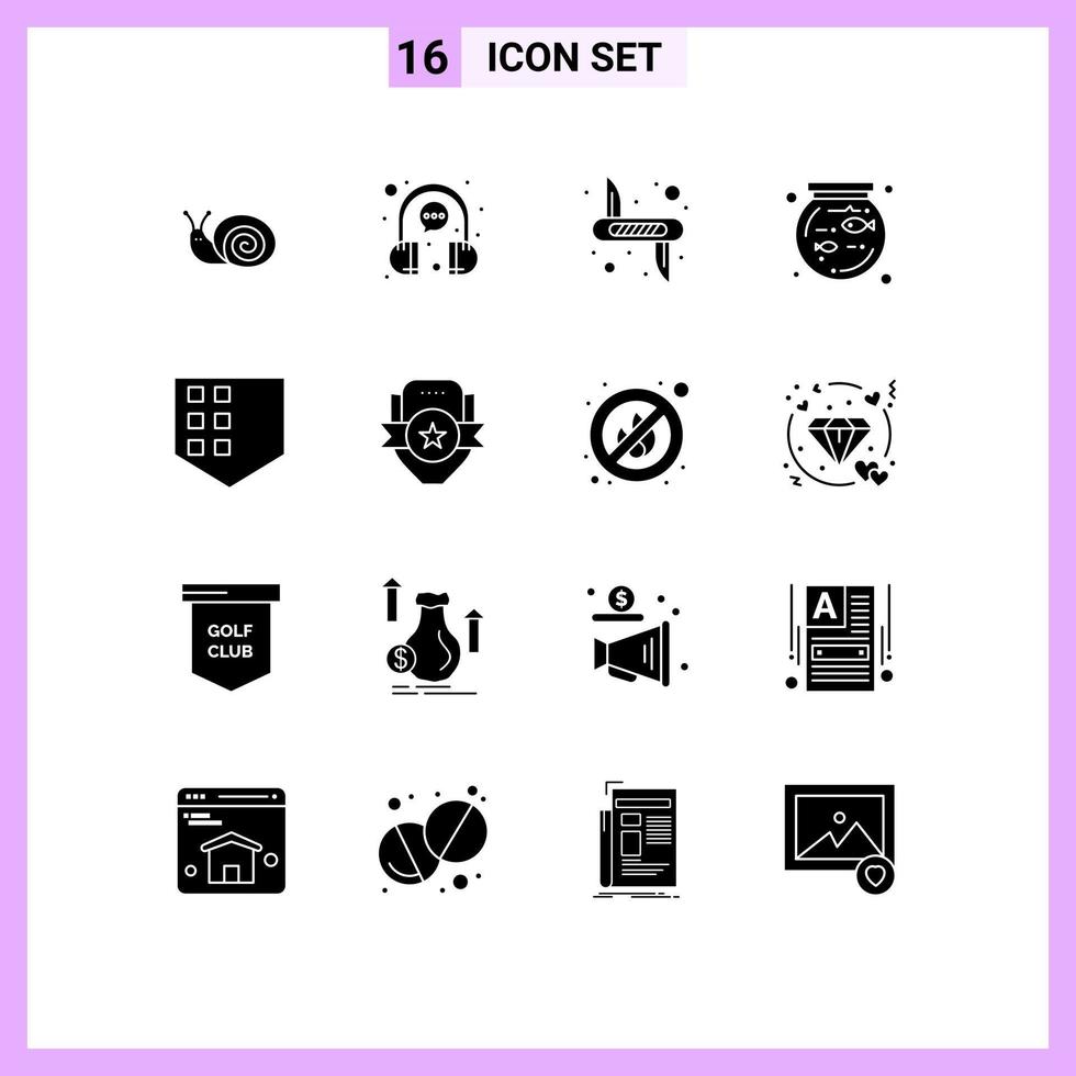 Editable Vector Line Pack of 16 Simple Solid Glyphs of protect fish representative bowl army Editable Vector Design Elements