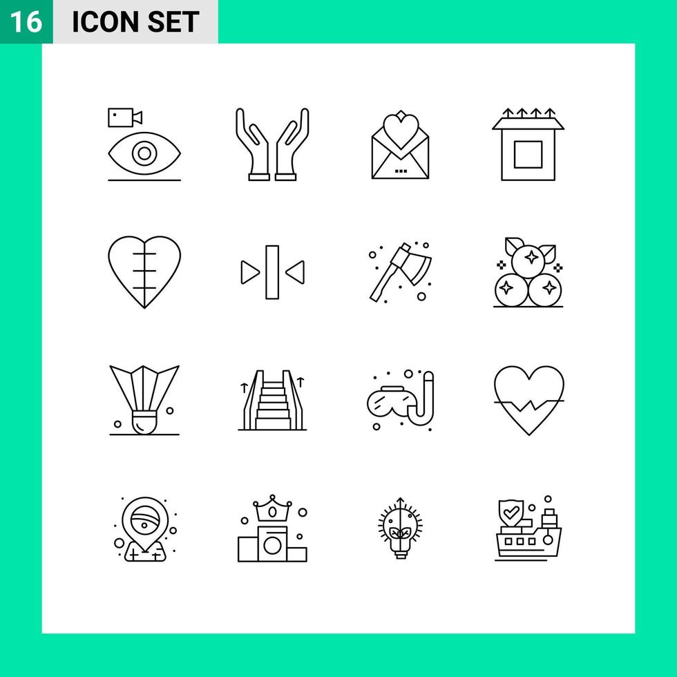 paquete de 16 signos y símbolos de contornos modernos para medios de impresión web, como la carta de configuración de forma de corazón, instalar elementos de diseño de vectores editables de amor