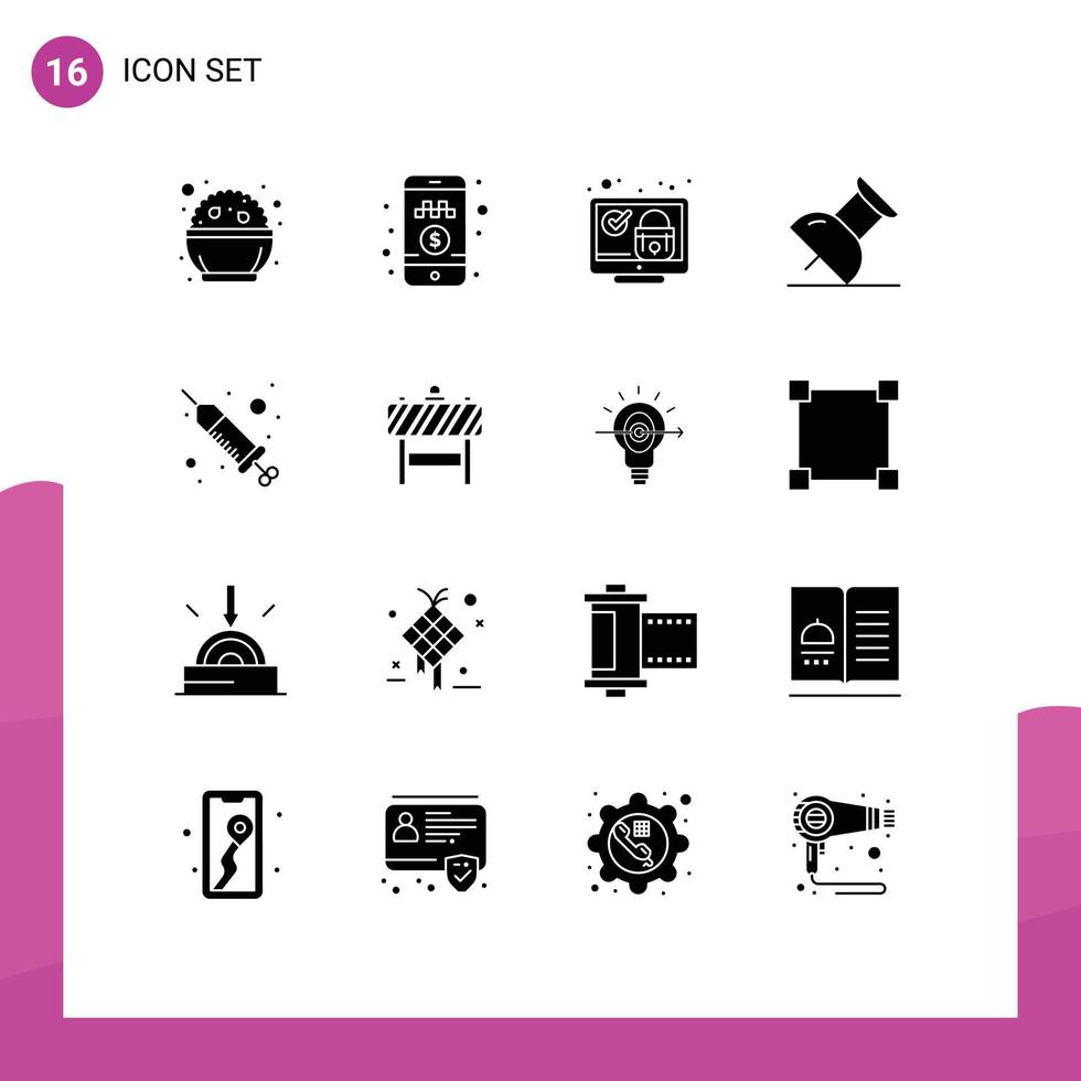 Set of 16 Modern UI Icons Symbols Signs for procedure drop lock pin security Editable Vector Design Elements