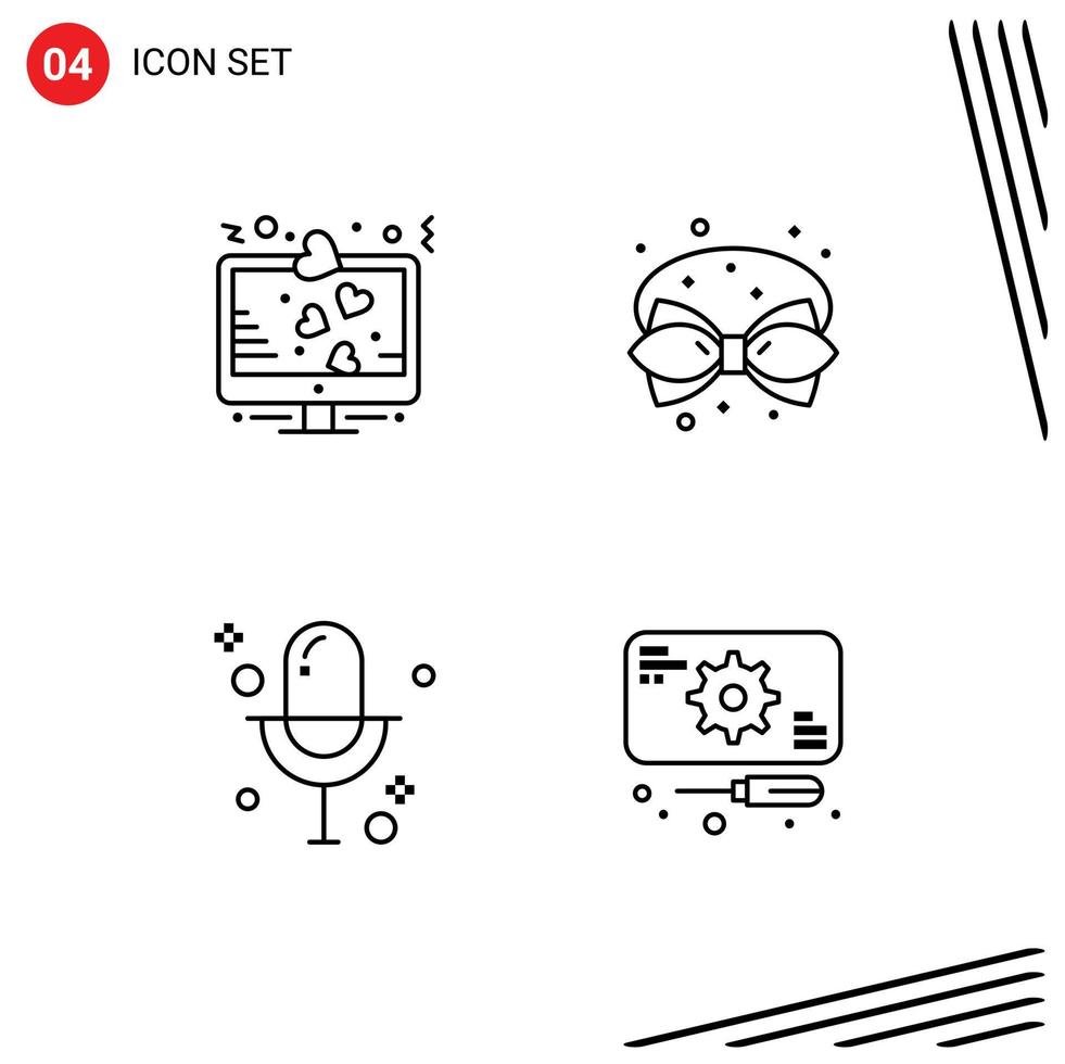 Mobile Interface Line Set of 4 Pictograms of display ribbon love bow media Editable Vector Design Elements