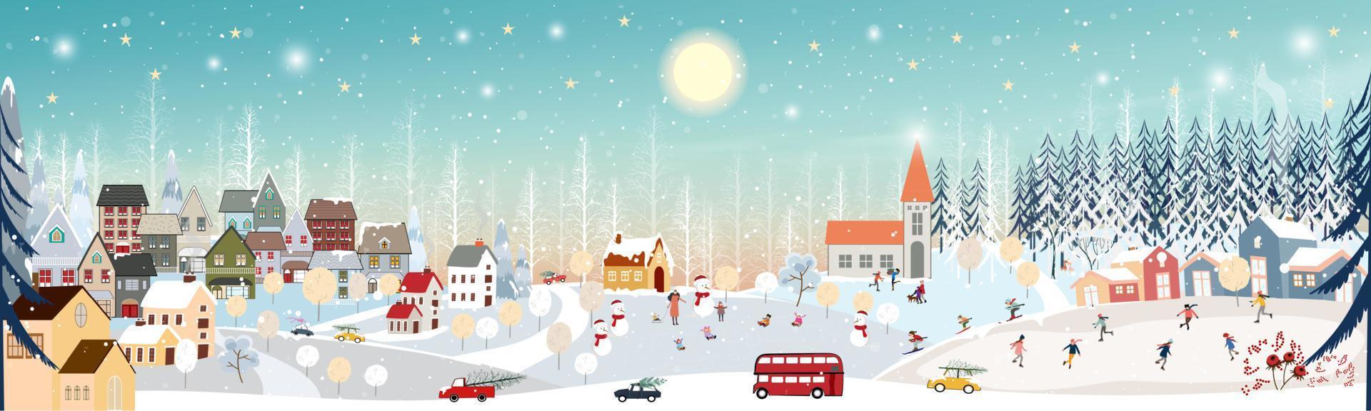 Winter landscape, Celebrating Christmas and new Year  in village at night with happy polar bear playing playing ice skates in the park,Vector of horizontal banner winter wonderland in countryside vector