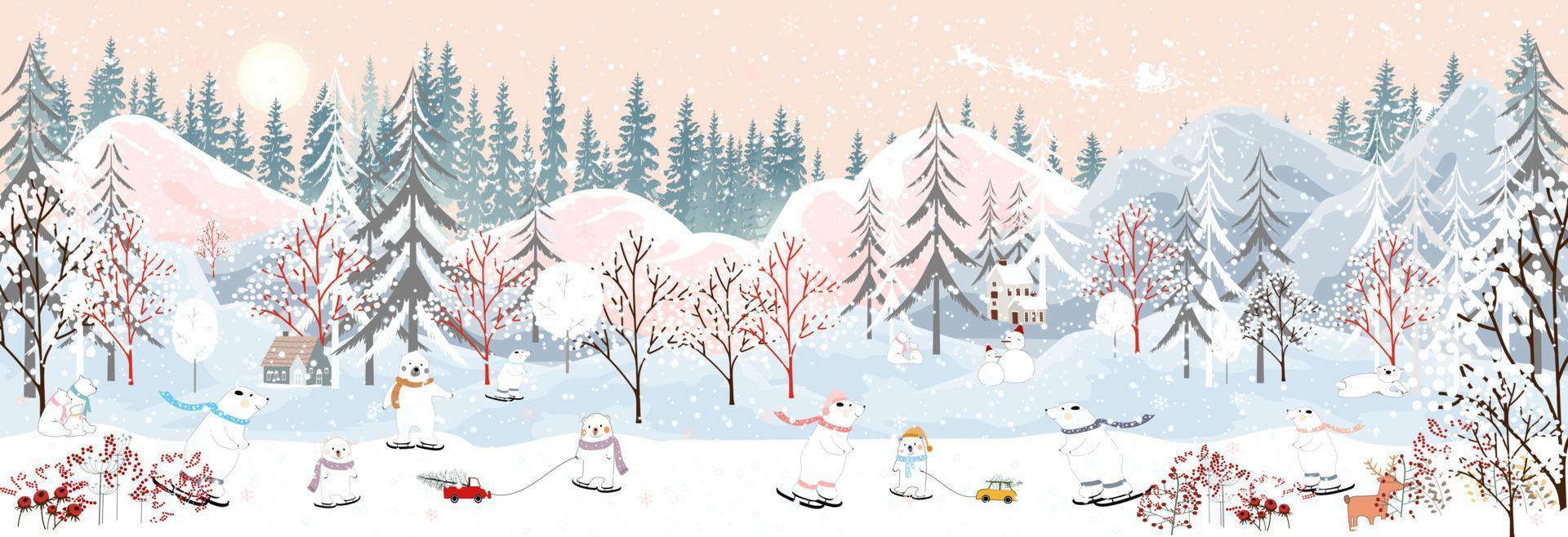 paisaje invernal en la ciudad con osos polares celebrando la víspera de navidad. país de las maravillas invernal en la ciudad con osos felices paseando en trineo y patinando en el parque vector