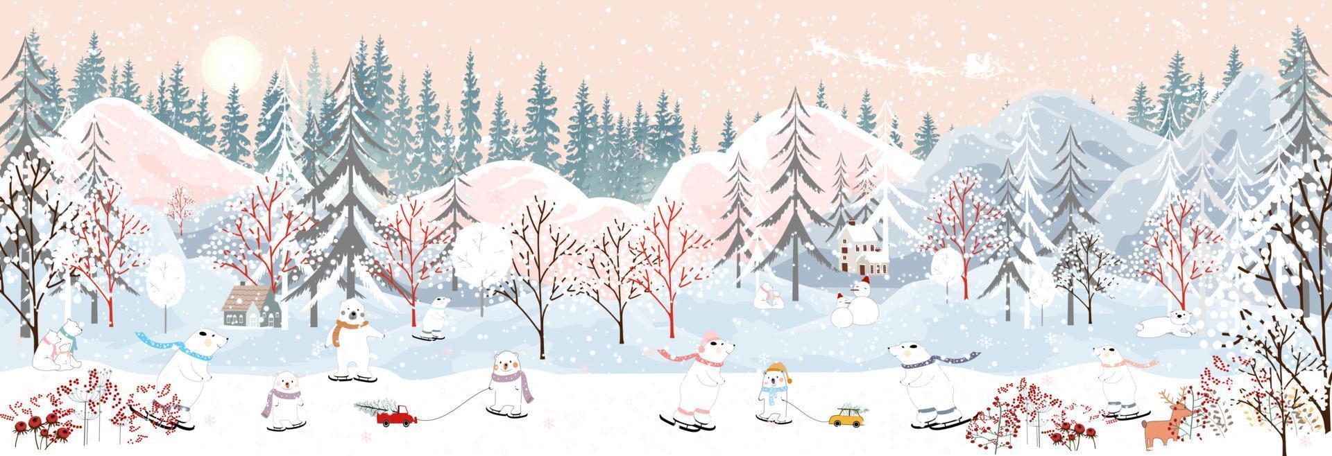 Winter landscape in city with polar bear celebrating on Christmas eve.Winter wonderland in the town with happy bears sledding and skating in the park vector