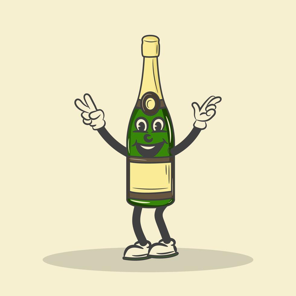 Retro champagne bottle Character Vector Stock Illustration