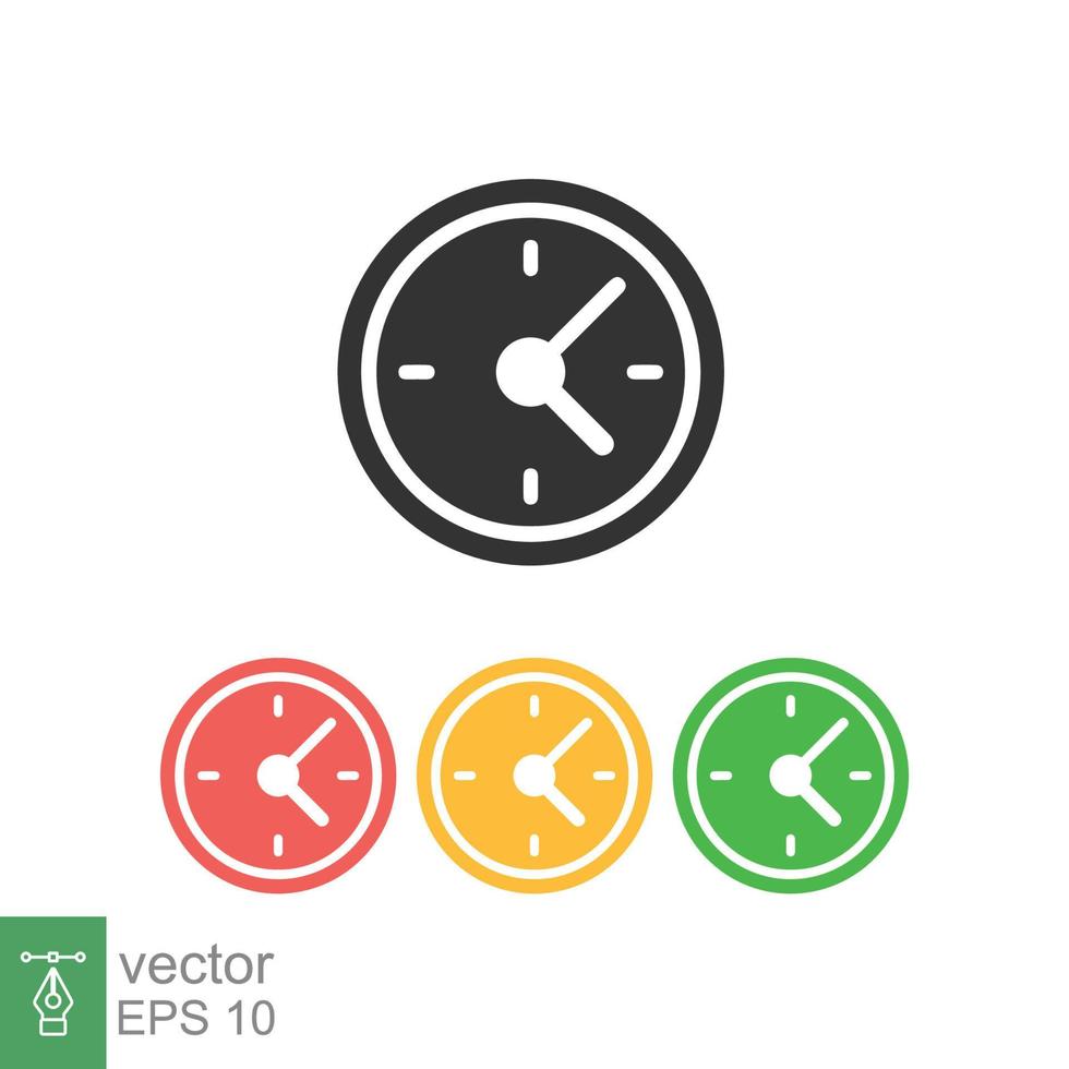 Clock icon. Simple flat style. Circle wall clock face, day, night, black, red, yellow, green color, business concept. Vector illustration isolated on white background. EPS 10.