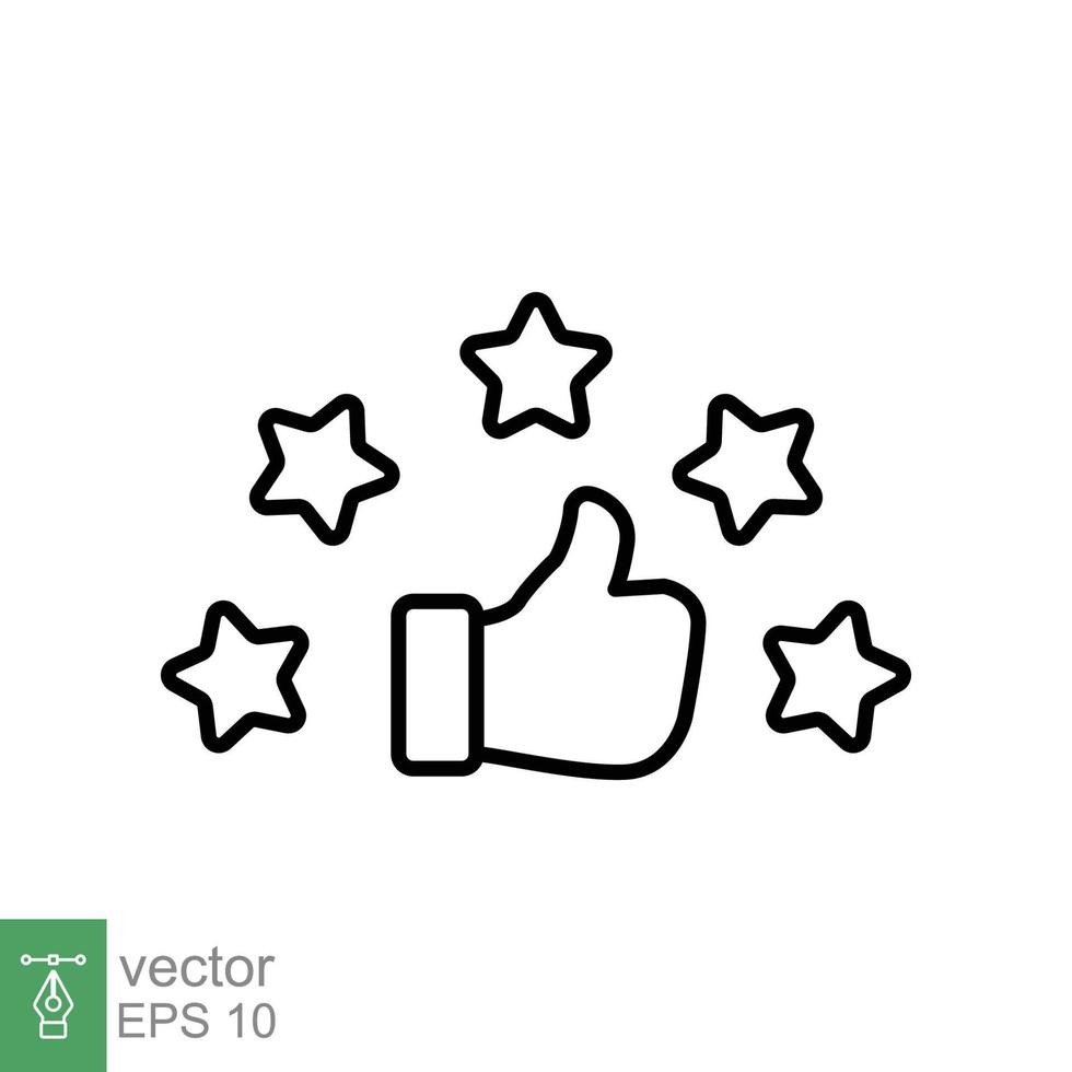 icono de comentarios. calificación de revisión del cliente con 5 estrellas y pulgar hacia arriba, tasa de estrellas, buena calidad, concepto de confianza. diseño de ilustración de vector de línea delgada sobre fondo blanco. eps 10.