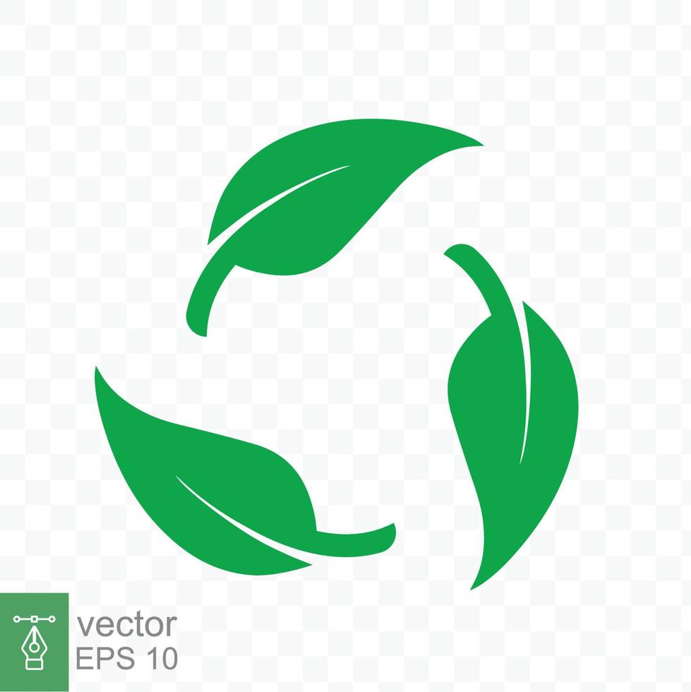 Recycle icon. Green leaf circle logo, biodegradable recyclable plastic free package symbol, eco friendly product template. Vector illustration isolated on transparent background. EPS 10.