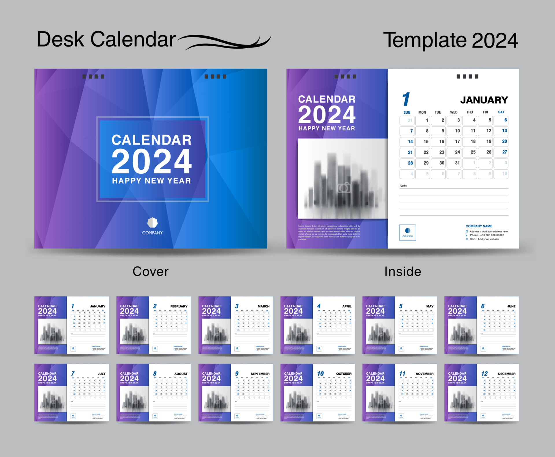 Desk Calendar 2024 template set and Blue cover design, Set of 12 Months