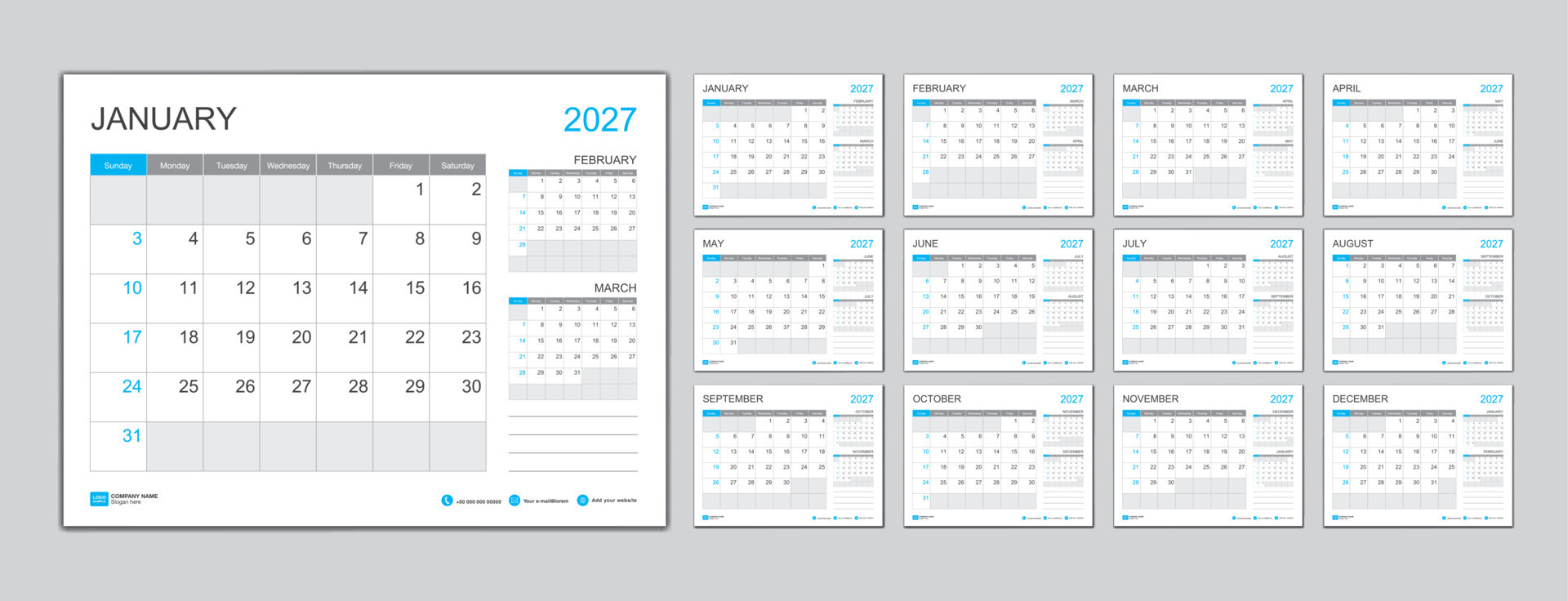 Monthly calendar template for 2027 year, Planner 2027 year, Week Starts