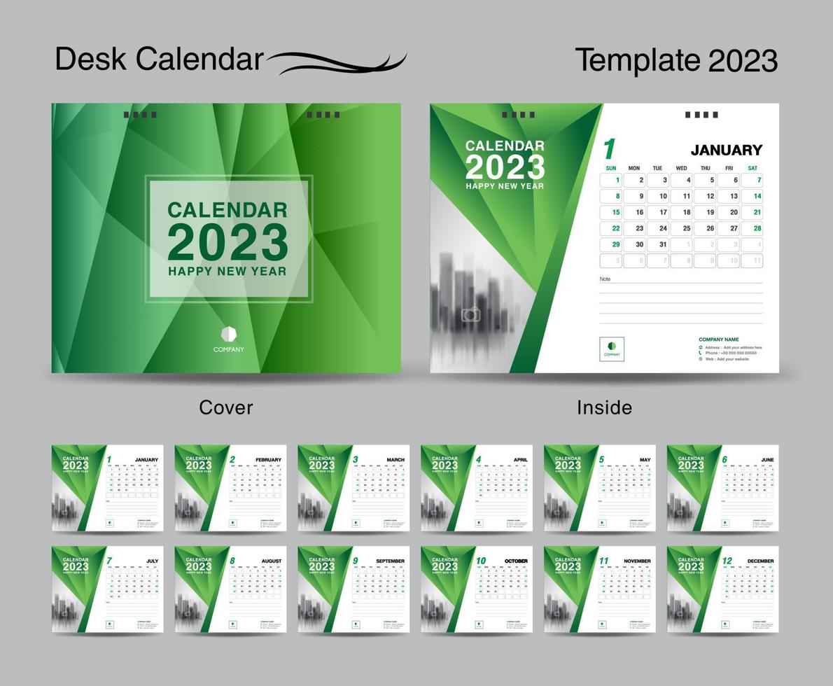 Desk Calendar 2023 template set and polygon green cover design, Set of 12 Months, creative calendar 2023 design, wall calendar 2023 year, planner, business template, Stationery, printing media vector