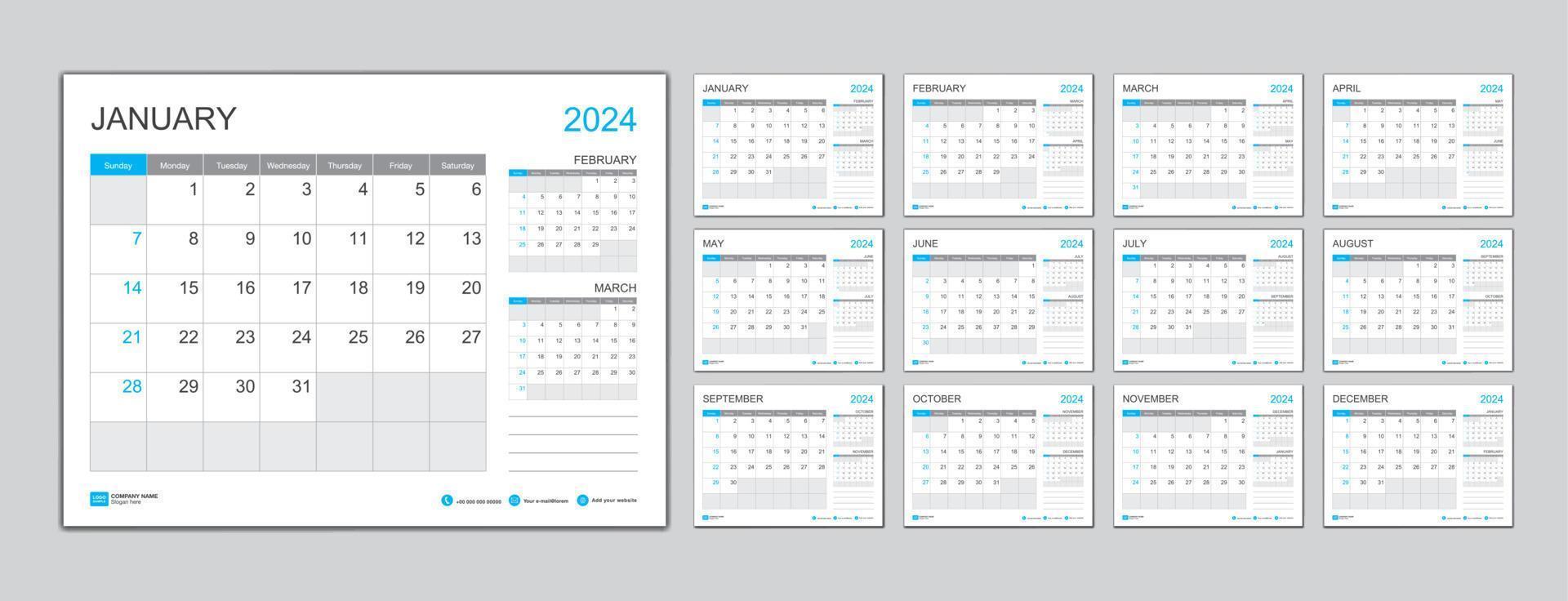 plantilla de calendario mensual para el año 2024, planificador del año 2024, la semana comienza el domingo. calendario de pared en un estilo minimalista, plantilla de calendario de escritorio 2024, diseño de calendario de año nuevo, vector de plantilla de negocio