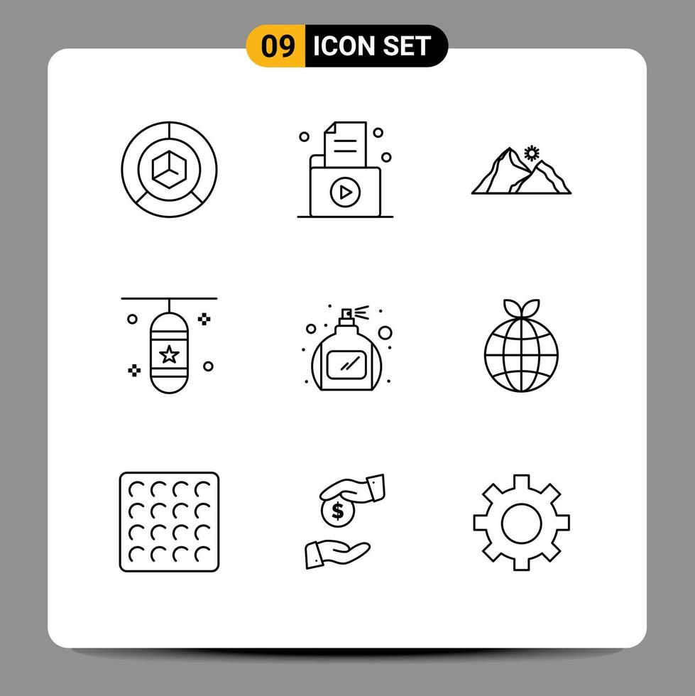 Pack of 9 Modern Outlines Signs and Symbols for Web Print Media such as punching box boxing bag office scene nature Editable Vector Design Elements