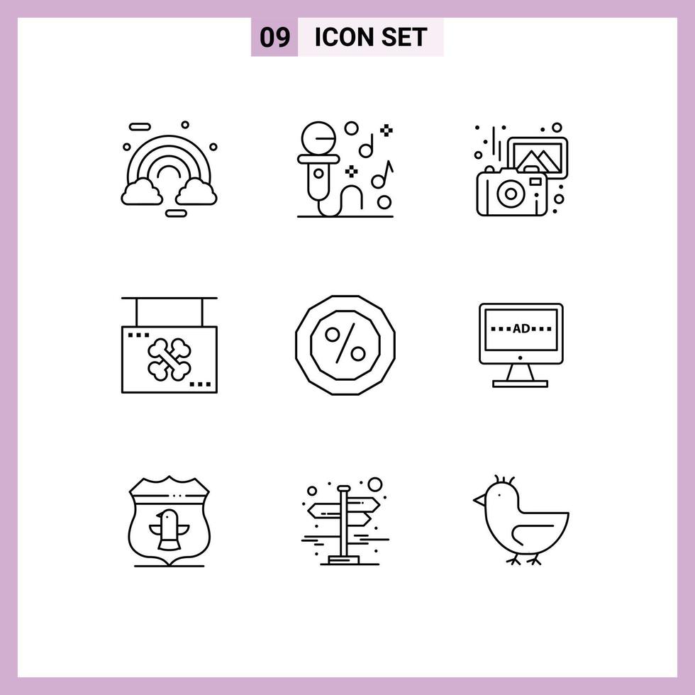 Group of 9 Modern Outlines Set for sign hanging party halloween camera Editable Vector Design Elements