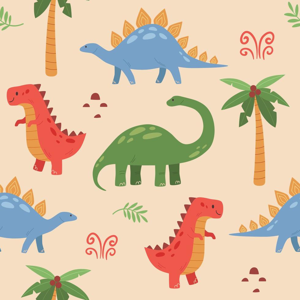 lindo, dinosaurios, caricatura, seamless, patrón vector