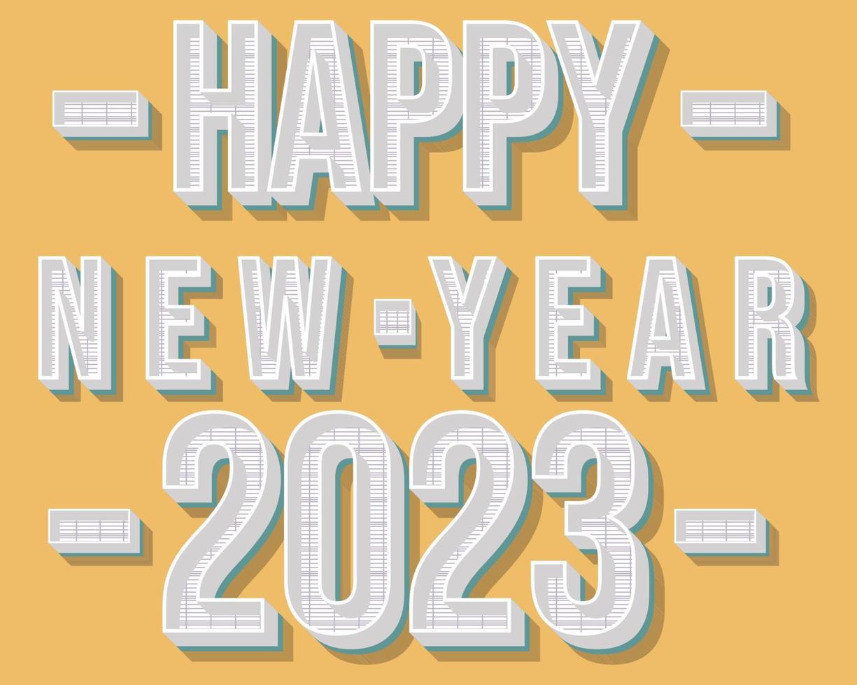 Retro text design as happy new year 2023, window like design, building, vector retro art