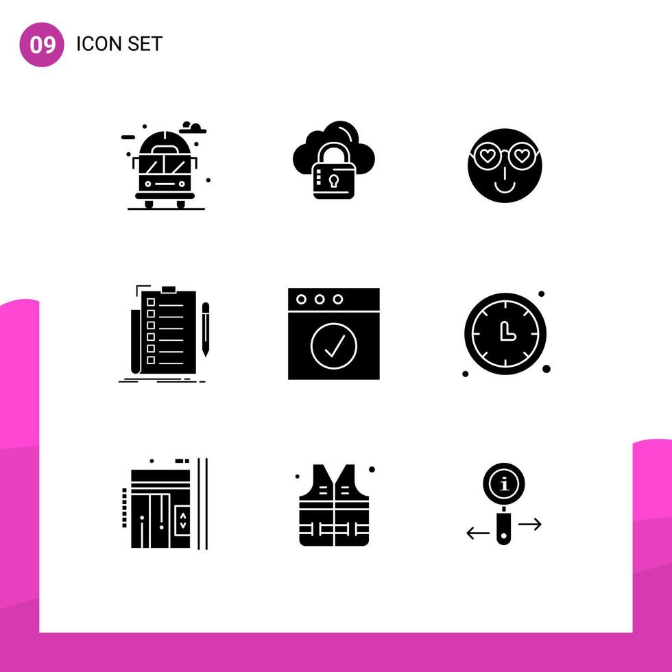 9 Universal Solid Glyphs Set for Web and Mobile Applications document check smiley checklist user Editable Vector Design Elements
