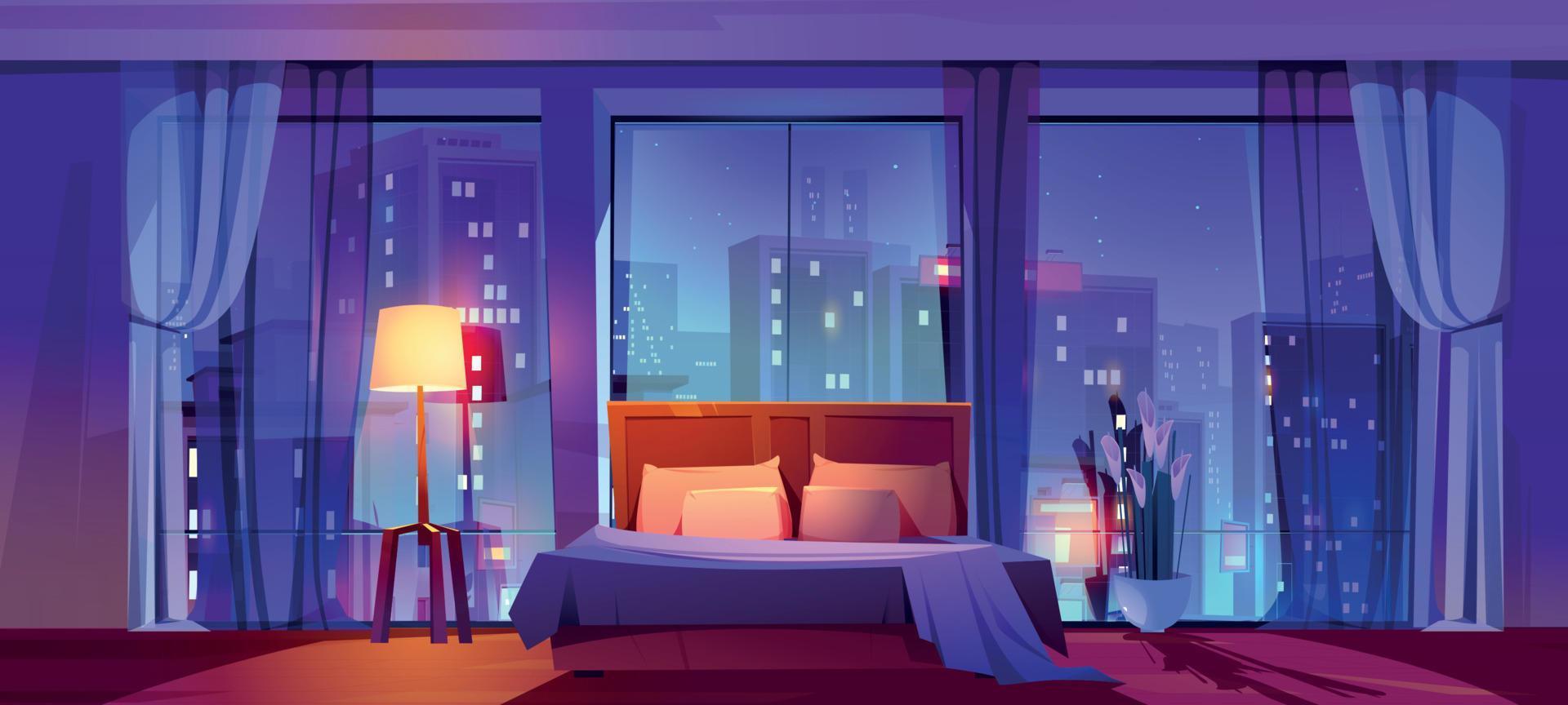 Modern bedroom interior with city view vector