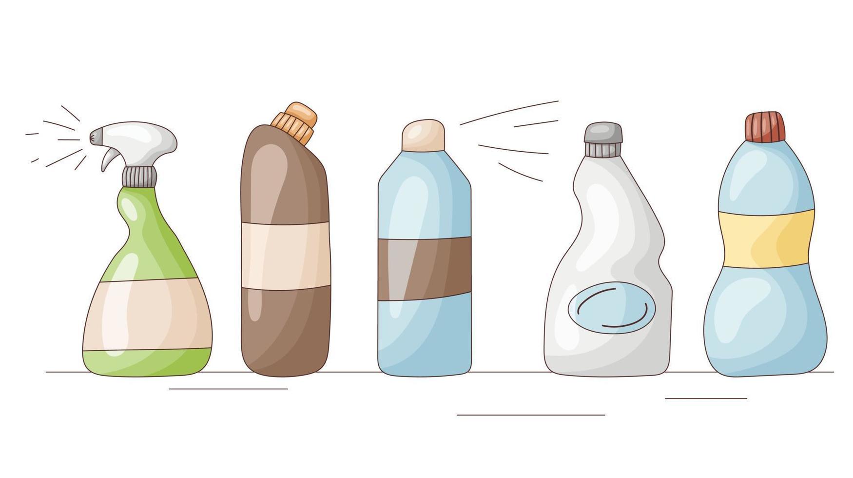 conjunto de iconos vectoriales de limpieza, lavado y frescura de la casa. botellas de dibujos animados con detergente, jabón, productos químicos domésticos, detergente en polvo. vector