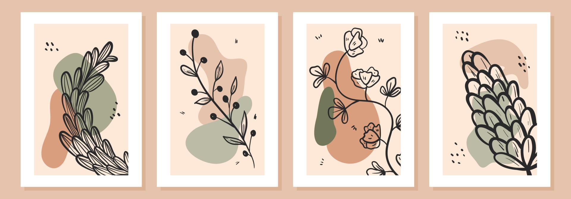 Set of simple vector art posters in white frame. Doodle line art branches and twigs with leaves, flower buds and petals. Abstract minimalistic shapes for design, print or wallpaper.