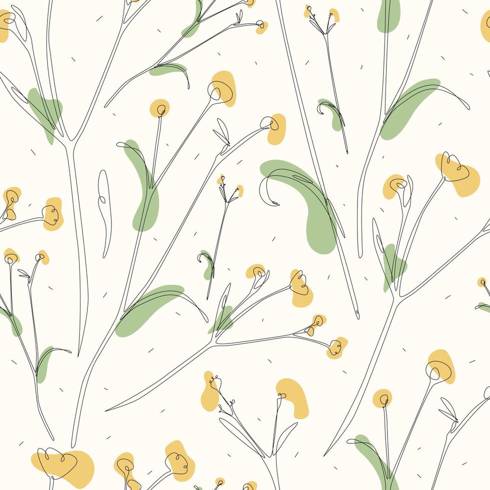 Vector seamless summer pattern. Delicate stems of wildflowers with leaves and yellow buds with petals. Primrose branches with line art strokes.