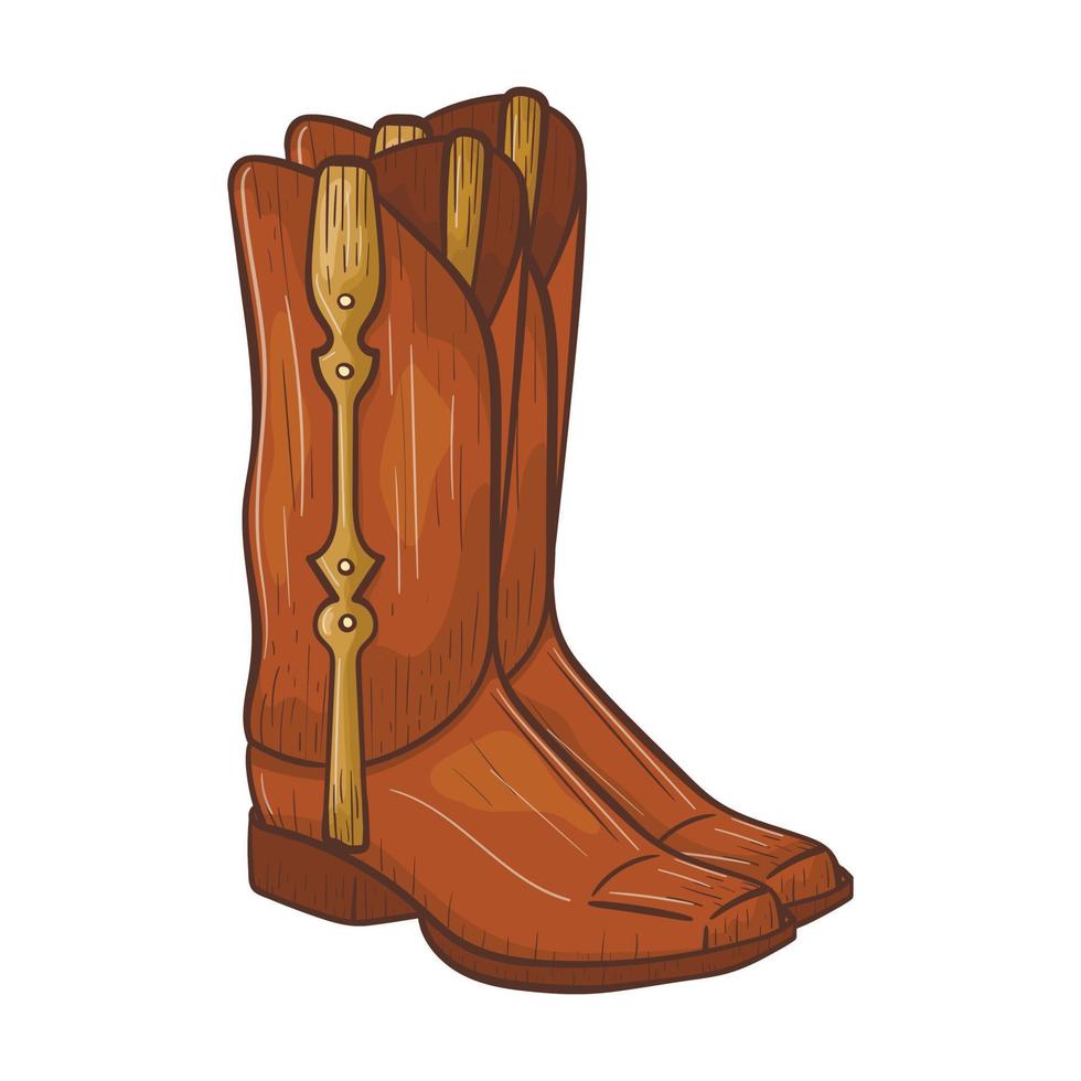 Vector doodle illustration of leather cowboy boots with heels and straps. Design element or sticker on the theme of the wild west.