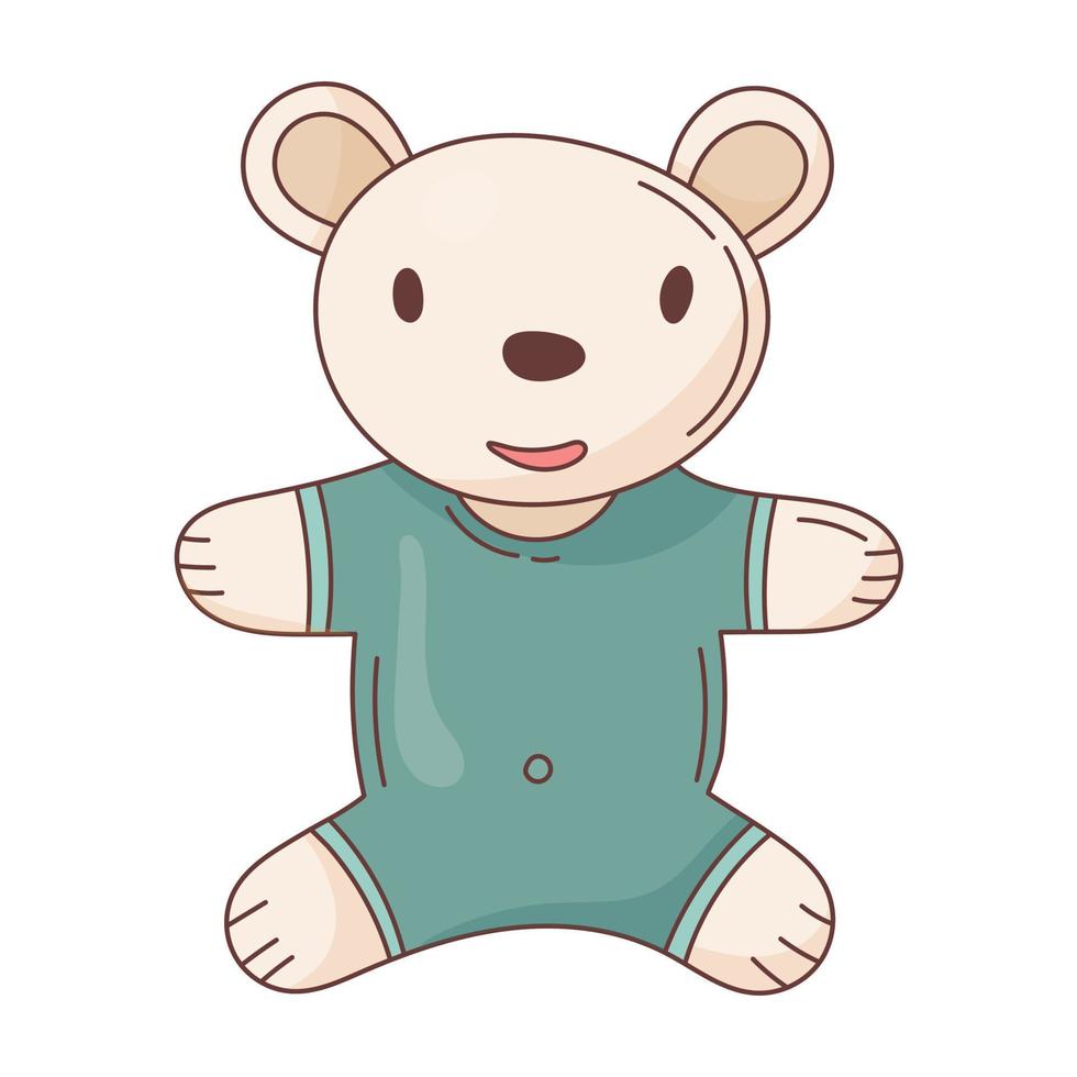Vector icon of baby soft toy. Cute smiling teddy bear in a bodysuit. A simple sticker with a stroke.