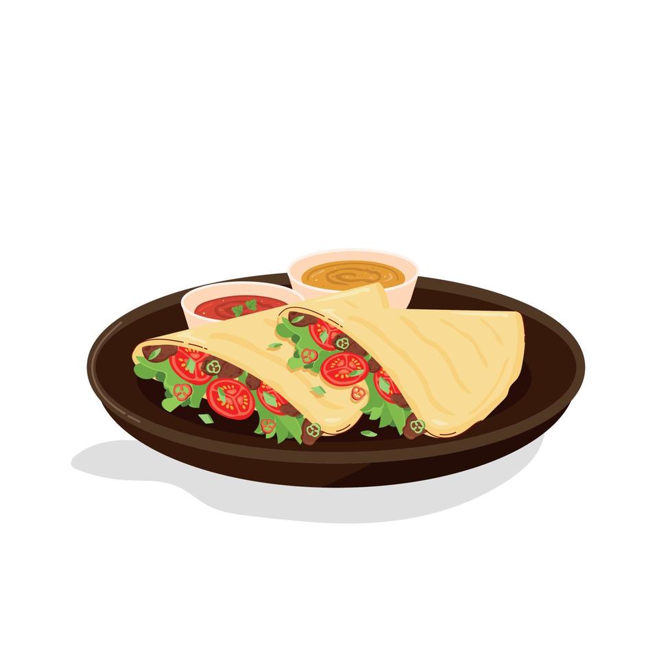 Traditional Mexican food quesadilla on a plate with sauces, isolated on a white background. Tortilla with chicken and vegetables. Vector