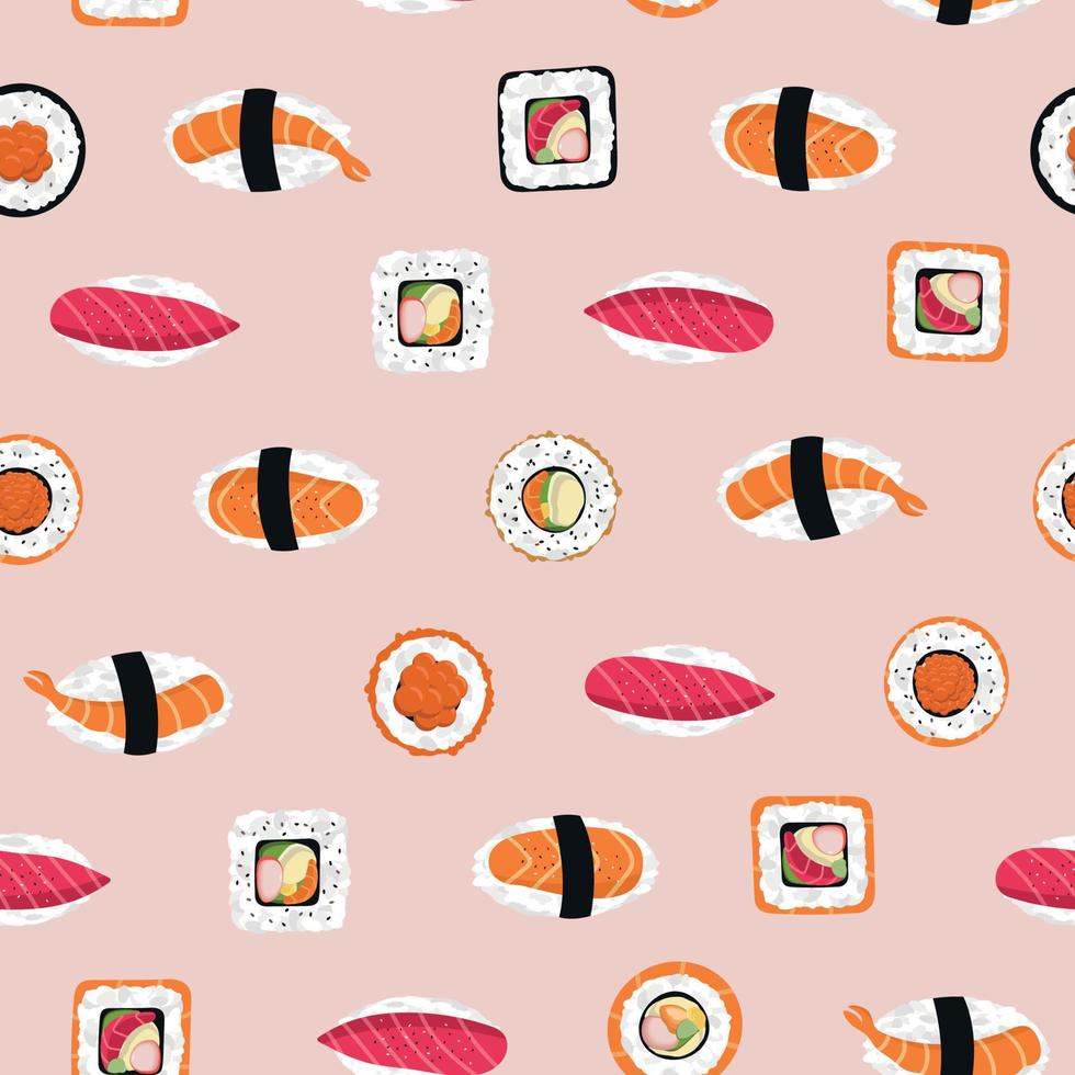 Seamless pattern with sushi and rolls. Japanese Asian food concept. Drawing for backgrounds, printing on paper and fabrics. Vector