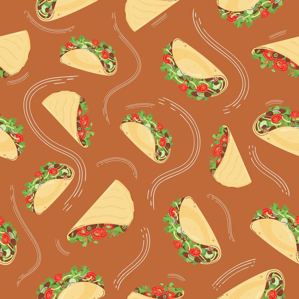 Seamless background and print pattern with mouthwatering Latin American food. Quesadilla and tacos in a flat style. Vector