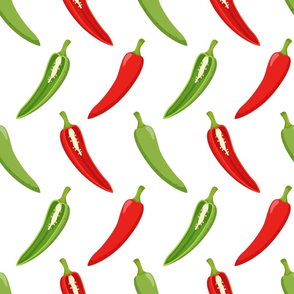 Seamless pattern with peppers, chile. Simple color pattern with vegetables. The elements in the flat style are isolated without a background. For the design of kitchen accessories and food packaging. vector