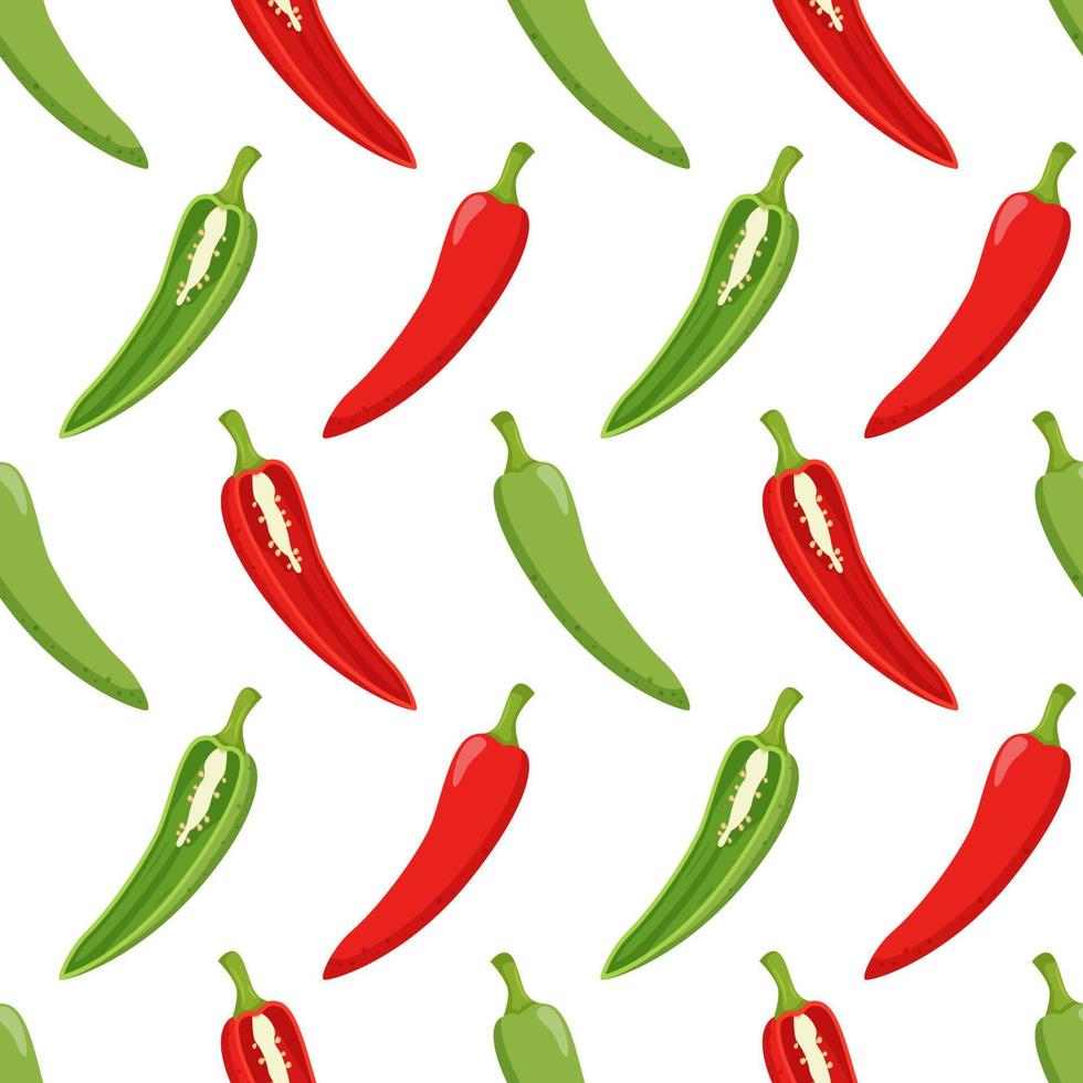 Seamless pattern with peppers, chile. Simple color pattern with vegetables. The elements in the flat style are isolated without a background. For the design of kitchen accessories and food packaging. vector