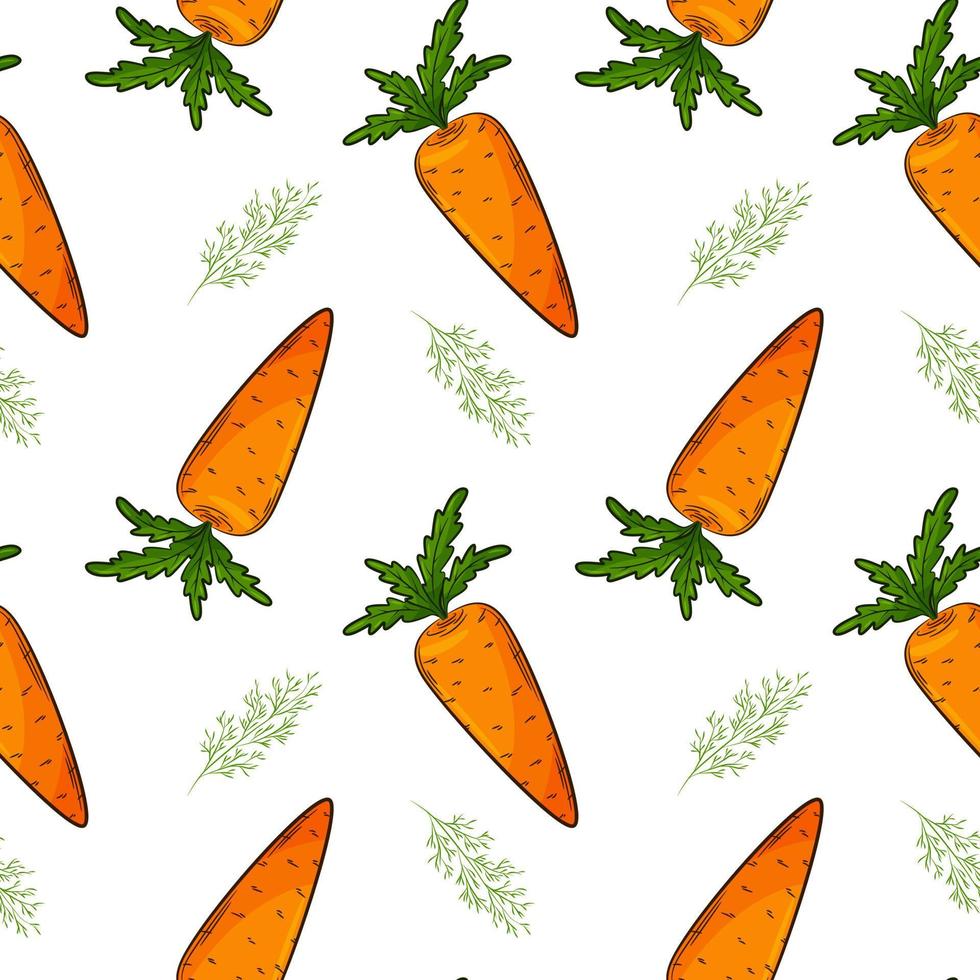 Seamless pattern with carrot and dill. Bright pattern with vegetables. Color elements in the linear style are isolated without a background. For the design of kitchen accessories and food packaging. vector