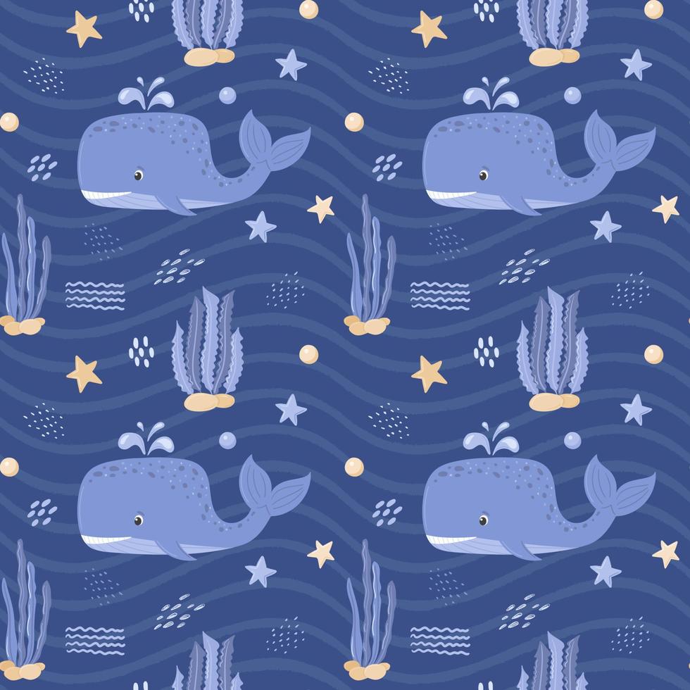 Seamless pattern with whale, starfish and algae. Cute ocean character in the underwater world. For childrens textiles and clothing. Cartoon vector illustrations on a dark blue background.